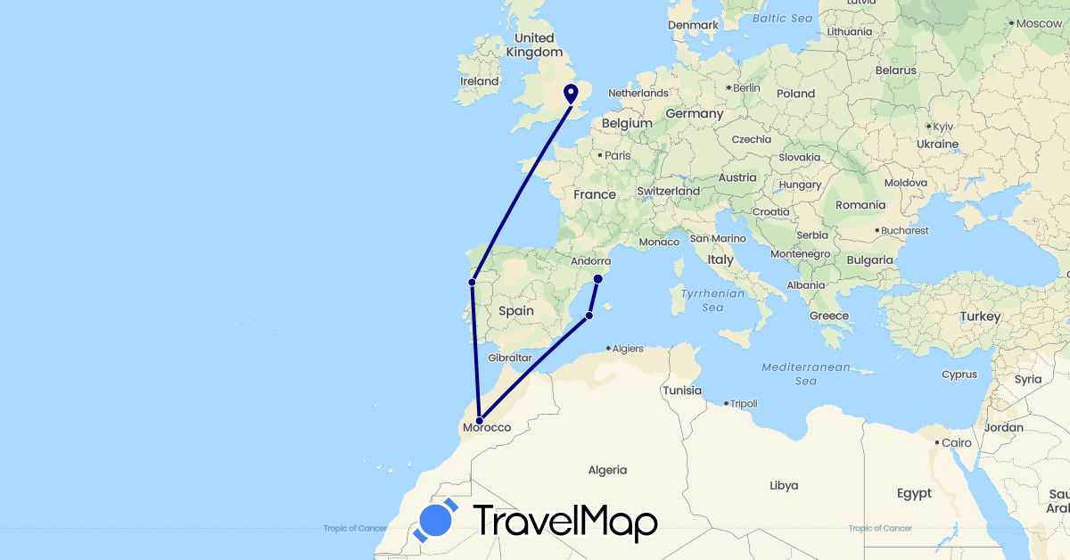 TravelMap itinerary: driving in Spain, United Kingdom, Morocco, Portugal (Africa, Europe)